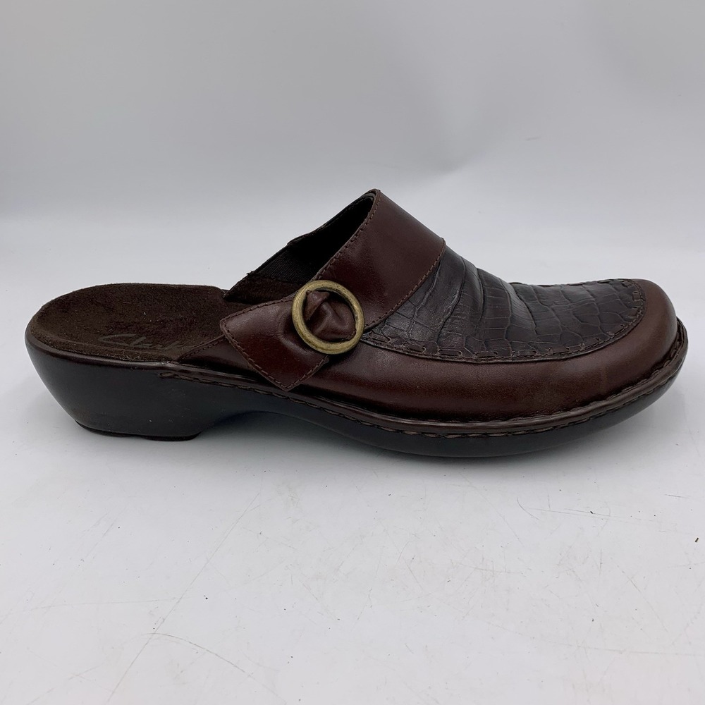 Clarks Brown Leather Croc Embossed Mule Clogs Comfort Shoes Women‎ 11M Brazil